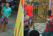 Câmeras registraram toda a ação, e a polícia busca os suspeitos.