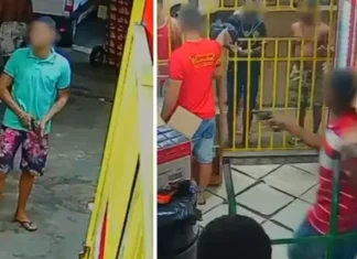 Câmeras registraram toda a ação, e a polícia busca os suspeitos.