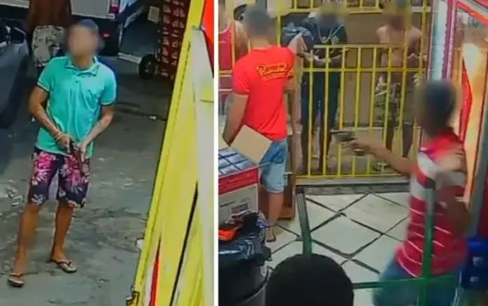 Câmeras registraram toda a ação, e a polícia busca os suspeitos.